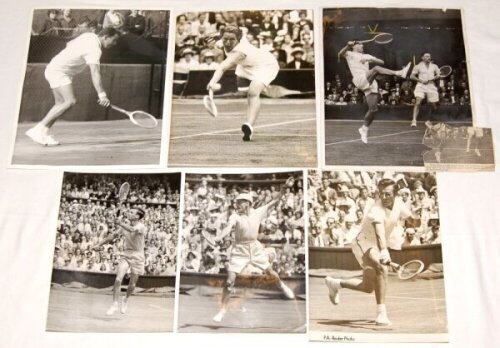 Tennis press photographs 1938-1949. Six original mono action press photographs featuring Margot Lumb (England) in the 1938 Wightman Cup, Bob Maud (South Africa) playing at Wimbledon in 1939, and Geoff Brown (Australia), Eustace Fannin (South Africa), Fran