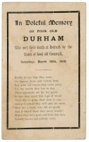 Rugby Union County Championship 1908. Cornwall v Durham County. 'In Memoriam' style postcard 'In Doleful Memory of poor old Durham who met their death at Redruth by the hands of Good Old Cornwall, Saturday, March 28th, 1908'. Produced to mark Cornwall's h