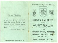 Rugby union. Australia 'Wallabies' tour programmes 1947 and 1967. Two official programmes for tour matches Cornwall & Devon v Australia, Camborne, 13th September 1947, and 3rd January 1967. Scores annotated to centre pages of the 1967 programme. Slight st