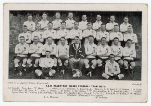 Rugby union. New South Wales 'Waratahs' tour to England 1927/28. Original mono postcard of the New South Wales touring party seated and standing in rows with printed title and players' names to lower border. Printed fixtures and player statistics to verso