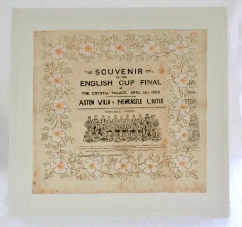 Newcastle United. 'Souvenir of the English Cup Final at The Crystal Palace, April 15th 1905. Aston Villa v Newcastle United'. Rare original printed crepe paper serviette featuring a centre panel with printed titles and image of the Newcastle United team w