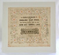 Newcastle United. 'Souvenir of the English Cup Final at The Crystal Palace, April 15th 1905. Aston Villa v Newcastle United'. Rare original printed crepe paper serviette featuring a centre panel with printed titles and image of the Newcastle United team w