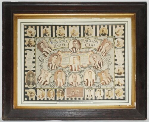 'Newcastle United Winners of the English Cup 1910. Large original decorative lithographic print produced to commemorate Newcastle United winning the F.A. Cup in 1910 for the first time. The central panel with printed title and inscription 'This picture wa