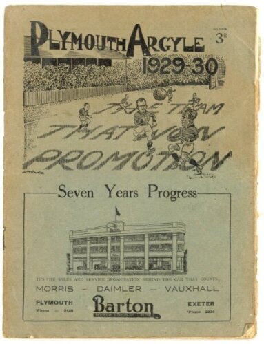 Plymouth Argyle. Official souvenir brochure for season 1929/30. Creasing and wear to wrappers, rusting to staples. Also 'All About Argyle 1903-1963. 60 Years of History and Records', W.S. Tonkin, Plymouth 1963, published to mark the Club's Diamond Jubilee