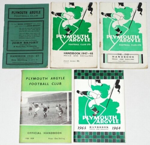 Plymouth Argyle F.C. Five official handbooks for seasons 1946/47, 1947/48, 1948/49, 1958/59 and 1963/64. Rusting to staples, light wear to wrappers, otherwise in good condition - football