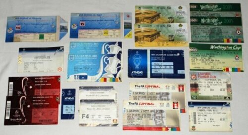 Liverpool F.C. and England International match tickets 2000-2009. Twenty official match tickets. Liverpool matches include F.A. Cup Final 2001, U.E.F.A. Cup Final 2001, Worthington Cup Final 2001, Champions League including Finals 2005 and 2007, F.A. Cup 