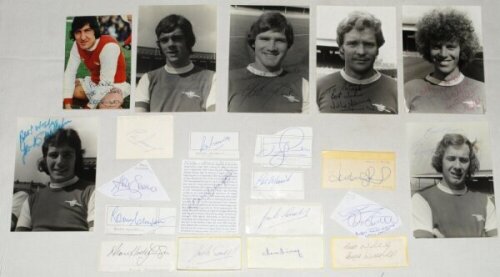 Football autographs 1930s-1980s. A good selection of approx. one hundred and fifty original signatures, mainly modern with some earlier, of home international and club players on pieces, labels, trade cards etc. Signatures include Johnny Morris, Gil Merri