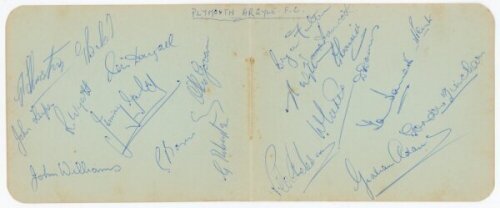 Plymouth Argyle F.C. c.1958/59. Double album page signed in ink by twenty one Plymouth Argyle players. Signatures include Baker, Dougall, Wyatt, Gauld, Williams, Govan, Robertson, Fulton, Penk, Fincham, Adams etc. Also nicely signed in ink to the verso by