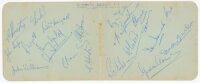 Plymouth Argyle F.C. c.1958/59. Double album page signed in ink by twenty one Plymouth Argyle players. Signatures include Baker, Dougall, Wyatt, Gauld, Williams, Govan, Robertson, Fulton, Penk, Fincham, Adams etc. Also nicely signed in ink to the verso by
