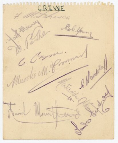 Crewe Alexandra F.C. c.1948/49. Album page signed in pencil by ten Crewe Alexandra players. Signatures include Mitcheson, Meaney, Parker, Young, McCormack, Waddington, Mountford, Lindsay etc. Light fold, small adhesive marks to verso, otherwise in good co