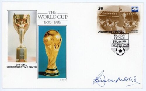 World Cup England 1966. Bobby Moore. Official first day cover 'The World Cup 1930-1986' taken from the official 'World Cup Masterfile' of philatelic souvenirs issued for the 1986 finals. Date stamped 30th June 1986. Signed to cover by England World Cup 19