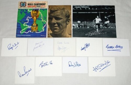 England World Cup 1966 autographs. Nine paper pages individually signed by members of the England squad. Signatures are J. Charlton, B. Charlton, Hunt, Stiles, Wilson, Banks, Ball, Cohen and Peters. Sold with a mono copy photograph of Geoff Hurst scoring 