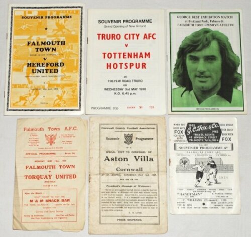 Cornwall, Falmouth, Truro and South West football programmes 1947-1990s. A good selection of over one hundred and twenty official match programmes, of which over ninety are pre-1970, covering Cornwall County Senior Cup Finals, County matches, Southern Cou