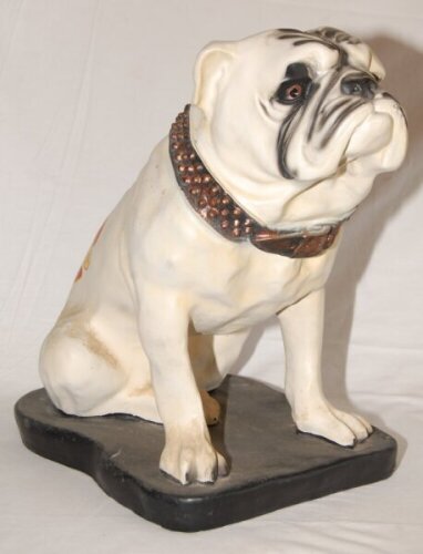 Manchester United F.C. An unusual large moulded composite figure of a British bulldog, seated on a black base, with painted Manchester United emblem to back. Assumed to have been produced as a promotional item, date unknown, possibly 1960/70s. Approx. 19"