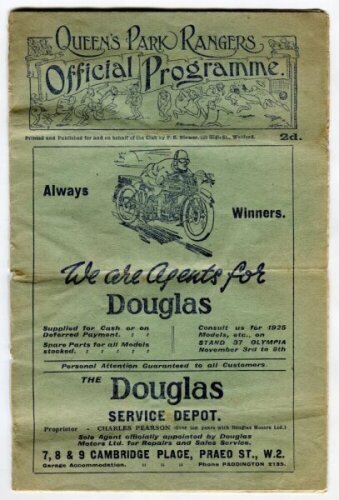 Queen's Park Rangers v Millwall. Season 1924/25. Official programme for the Southern League Division three match played at Loftus Road on Saturday 25th October 1924. Three horizontal folds to programme, some wear and age toning to programme wrappers, mino