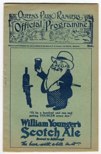 Queen's Park Rangers v Plymouth Argyle. Season 1925/26. Official programme for the Division Three (South) match played at Loftus Road on Saturday 17th April 1926. Lacking centre staple, some minor rusting to staple area, some age toning to wrapper edges 