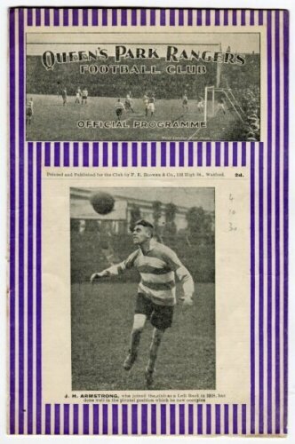 Queen's Park Rangers v Fulham. Season 1930/31. Official programme for the Division Three (South) match played at Loftus Road on Saturday 4th October 1930. Lacking staple otherwise in good/very good condition. Rare - football