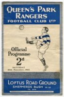 Queen's Park Rangers v Kettering Town. Season 1933/34. Official programme for the F.A. Cup 1st Round match played at Loftus Road on Saturday 25th November 1933. Light horizontal creasing, lacking staple otherwise in generally good/ very good condition. Ra