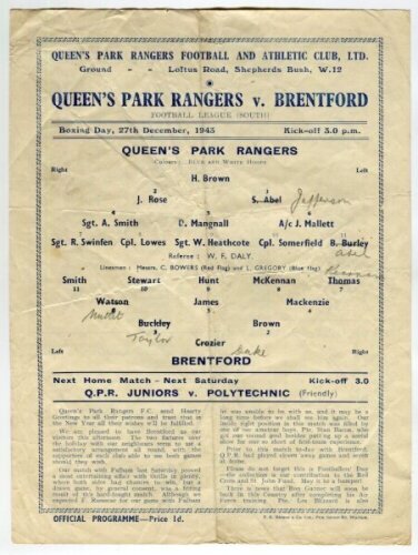 Queen's Park Rangers. Season 1943/44. Three official war-time Football League South single sheet home programmes v Brentford (27/12), West Ham United (8/1) and v Reading (22/1). Light folds to all three programmes, pencil and ink annotation respectively t