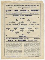 Queen's Park Rangers. Season 1943/44. Three official war-time Football League South single sheet home programmes v Brighton (12/2), Luton Town (London War Cup, 25/3) and v Fulham (22/4). Light folds to all three programmes, ink annotation to the 'field of