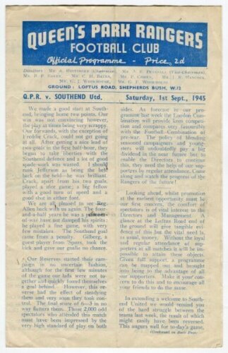 Queen's Park Rangers home programmes. Season 1945/46. Excellent run of twenty League South (North Region) and Cup home match programmes for the season. The matches are v Southend (1/9), Walsall (8/9), Ipswich Town (6/10), Northampton Town (27/10), Ipswich