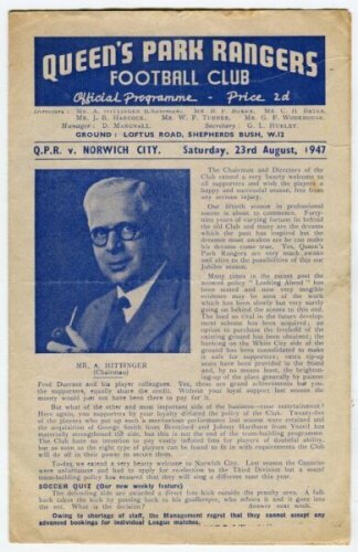 Queen's Park Rangers home programmes. Season 1947/48. Excellent complete run of twenty seven League Division 3 (South), Cup and friendly home match programmes for the season. The matches are Whites v Blues (Public Practice Match, 16/8), Norwich City (23/8