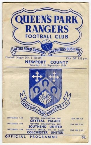 Queen's Park Rangers home programmes. Season 1954/55. Excellent, almost complete run of thirty two League Division 3 (South), Cup and friendly home match programmes for the season. The matches are Possibles v Probables (Public Practice Match, 14/8), Watfo