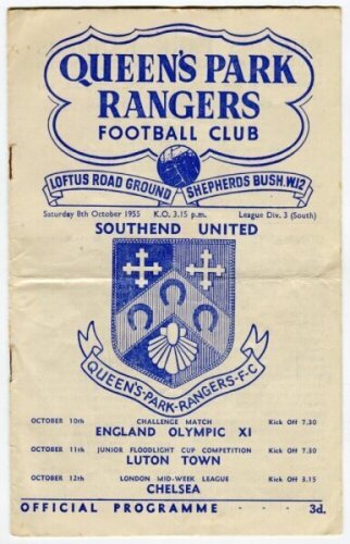 Queen's Park Rangers home programmes. Season 1955/56. Excellent, almost complete run of twenty nine League Division 3 (South), Cup and friendly home match programmes for the season. The matches are Brentford(22/8), Southampton (27/8), Crystal Palace (5/9)