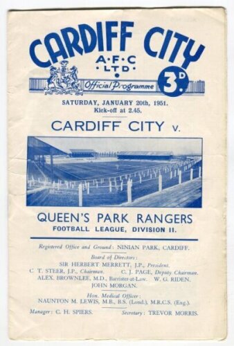 Queen's Park Rangers away programmes. Season 1950/51. Five Division 2 away match programmes for the season. The matches are v West Ham United (7/10), Brentford (2/12), Cardiff City (20/1), Southampton (26/3) and Sheffield United (31/3). Nicely presented 