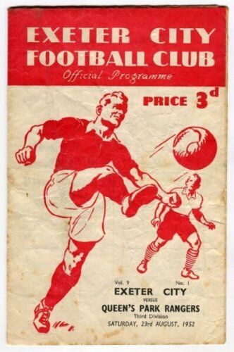 Queen's Park Rangers away programmes. Season 1952/53. Nine Division 2 match programmes for the season. The matches are v Exeter City (23/8), Watford (4/9), Aldershot (20/9), Brighton (11/10), Torquay United (8/11), Swindon Town (14/2), Bristol City (21/3)