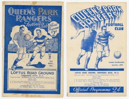 Queen's Park Rangers Reserves home programmes. Seasons 1935/36 and 1937/38. Three official programmes for London Combination home matches played at Loftus Road, v Reading Reserves 2nd November 1935 with scores annotated in ink to back page, very faint ann