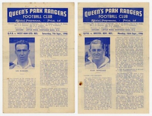 Queen's Park Rangers Reserves home programmes. Season 1946/47. Ten official programmes for Football Combination home matches played at Loftus Road. Matches are West Ham United Reserves (7/9), Bristol Rovers Reserves (16/9), Watford Reserves (21/9), Bourne