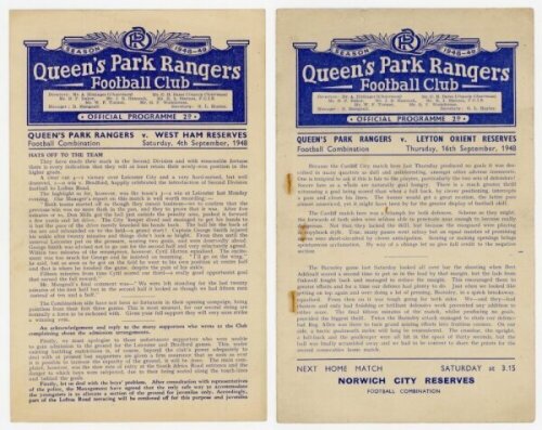 Queen's Park Rangers Reserves home programmes. Season 1948/49. Ten official programmes for Football Combination home matches played at Loftus Road. Matches are West Ham United Reserves (4/9), Leyton Orient Reserves (16/9), Norwich City Reserves (18/9), Sw