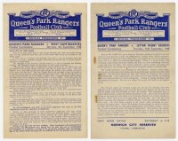 Queen's Park Rangers Reserves home programmes. Season 1948/49. Ten official programmes for Football Combination home matches played at Loftus Road. Matches are West Ham United Reserves (4/9), Leyton Orient Reserves (16/9), Norwich City Reserves (18/9), Sw