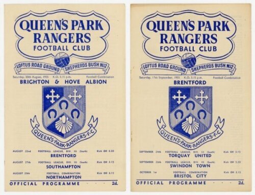 Queen's Park Rangers Reserves home programmes. Seasons 1955/56-1959/60. Thirty eight official programmes for Football Combination League, London Challenge Cup, Junior Floodlit Cup, and Seanglian League home matches played at Loftus Road. Matches are Brigh