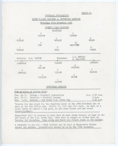 Queen's Park Rangers Reserves home programmes. Seasons 1970/71-1997/98. Over three hundred official programmes in six binders for Football Combination League, London Challenge Cup, Youth Cup, Southern Junior Cup and Charity matches for home matches played