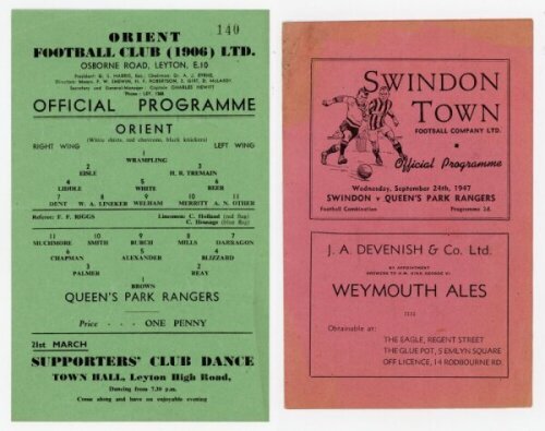 Queen's Park Rangers Reserves away programmes. Seasons 1945/46-1959/60. Twenty six official programmes in a red binder for away matches in the Football Combination League and Cup, London Midweek League, London Challenge Cup, and Seanglian Cup. Includes pr