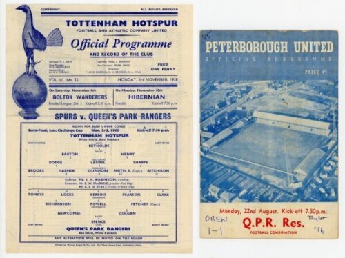 Queen's Park Rangers Reserves away programmes. Seasons 1958/59-1989/90. Seventy three official programmes in six red binders for away matches in Football Combination League, London Challenge Cup, Southern Junior Floodlit Cup, London Youth Cup, London Midw