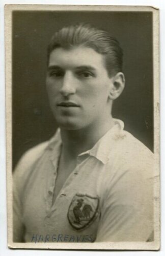 Harold Hargreaves. Tottenham Hotspur 1923-1926. Mono real photograph postcard of Hargreaves, head and shoulders, in Spurs shirt. W.J. Crawford of Edmonton. Name handwritten to lower border. Minor soiling to back of postcard, minor wear to card edges other