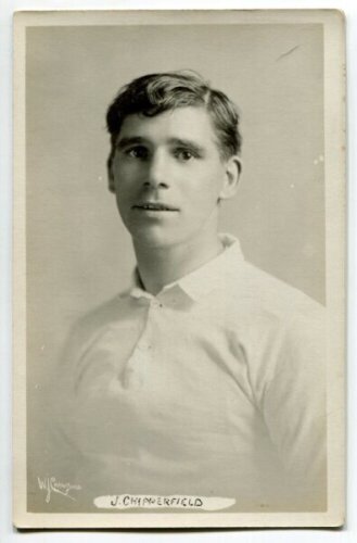 James Chipperfield. Tottenham Hotspur 1919-1921. Mono real photograph postcard of Chipperfield, head and shoulders, in Spurs shirt. Name 'J. Chipperfield' in box to lower border. W.J. Crawford of Edmonton. Very good condition Postally unused - football<b