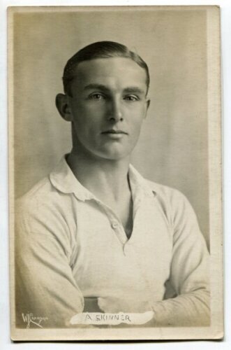 James Frederick Skinner. Tottenham Hotspur 1919-1926. Mono real photograph postcard of Skinner, head and shoulders, in Spurs shirt. Name 'A. Skinner' (incorrect initial) in box to lower border. W.J. Crawford of Edmonton. Good/very good condition Postally
