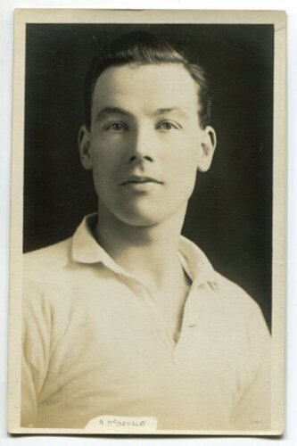 Robert James McDonald. Tottenham Hotspur 1919-1924. Mono real photograph postcard of McDonald, head and shoulders, in Spurs shirt. Name 'R. McDonald' in box to lower border. Appears to be W.J. Crawford of Edmonton. Very good condition Postally unused - f