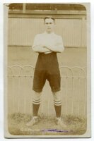 George Clark Payne. Tottenham Hotspur 1906-1908. Early sepia real photograph postcard of Payne, full length in front of the stand, in Spurs attire. Title to lower border 'G.C. Payne. Tottenham Hotspurs'. Jones Bros of Tottenham. Postally unused. Minor lig