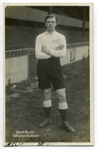 Herbert Bliss. Tottenham Hotspur 1912-1922. Early mono real photograph postcard of Bliss, full length, in Spurs attire. Title 'Bert Bliss. Tottenham Hotspur' to face. F.W. Jones, Tottenham. Postally unused. 'Clapton Orient' handwritten to lower border, od