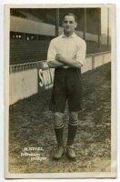 Robert Loudon Steel. Tottenham Hotspur 1908-1919. Early mono real photograph postcard of Steel, full length, in Spurs attire. F.W. Jones, Tottenham. Light crease to bottom right hand corner of the postcard otherwise in good+ condition - football<br><br>Bo