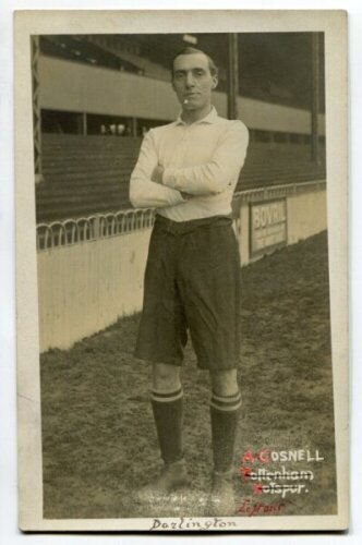 Albert Arthur Gosnell. Tottenham Hotspur 1910-1911. Mono real photograph postcard of Gosnell, full length, in Spurs attire. Title to lower right hand border, the club title as been marked through and 'Darlington' written to lower border. F.W. Jones, Totte