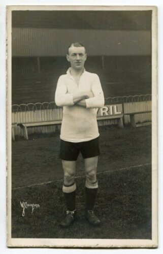 Thomas Clay. Tottenham Hotspur 1914-1929. Mono real photograph postcard of Clay, full length, in Spurs attire. W.J. Crawford of Edmonton. Postally unused. Good/very good condition - football<br><br>Tommy Clay played for Spurs throughout the First World Wa