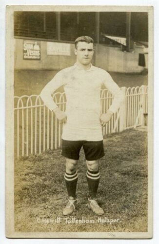 Charles William Hewitt. Tottenham Hotspur 1906-1907. Early mono real photograph postcard of Hewitt, full length, in Spurs attire. Title to lower border 'C. Hewitt. Tottenham Hotspur'. Jones Bros of Tottenham Postally unused. Minor crease to left hand bord