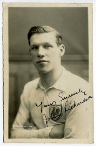 John Richardson. Tottenham Hotspur 1927-1929. Mono real photograph postcard of Richardson, head and shoulders, in Spurs shirt. Nicely signed in ink 'Yours sincerely, John Richardson'. W.J. Crawford of Edmonton postcard. Postally unused. Very good conditio