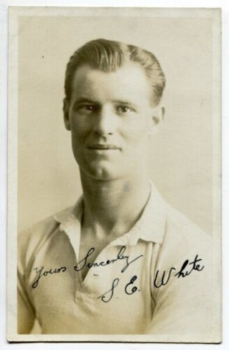 Sidney Ernest White. Tottenham Hotspur 1923-1926. Mono real photograph postcard of White, head and shoulders, in Spurs shirt. Nicely signed in ink 'Yours sincerely, S.E. White'. Appears to be W.J. Crawford of Edmonton postcard. Postally unused. Very good 